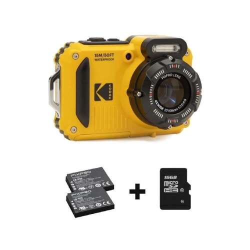 Kodak Pixpro WPZ2 vízálló, ütésálló, porálló digitális fényképezőgép, sárga színben, 16GB microSD kártyával és két akkumulátorral