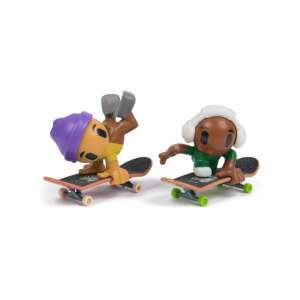 Tech Deck Dudes 2-os szett figurákkal és gördeszkákkal, egy sárga figurával lila sapkában és egy barna figurával fehér fejhallgatóban - Spin Master