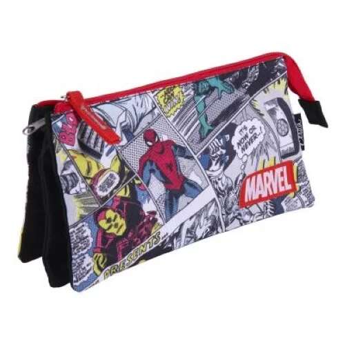 Marvel pencil case with 3 compartments, featuring comic book characters like Spiderman, Iron Man, and Thor