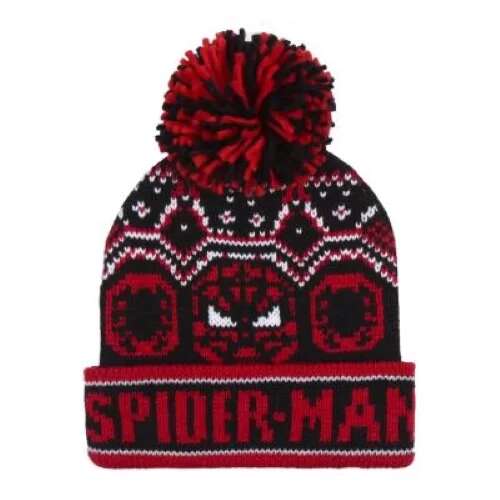 Pletená čiapka s bambul'ou, červená a čierna, s logom Spidermana