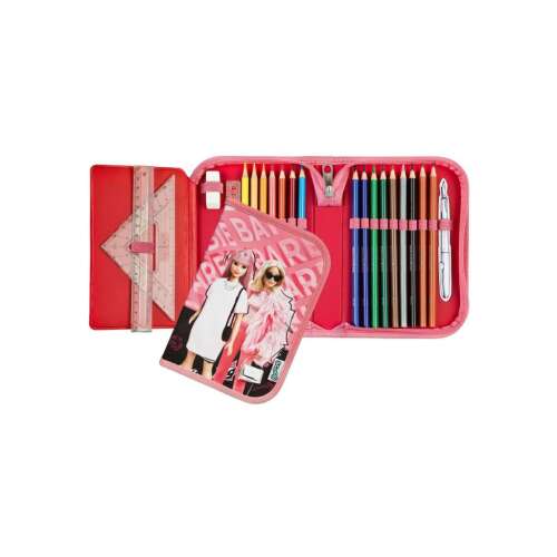 Open Scooli Barbie pencil case with 22 stationery items