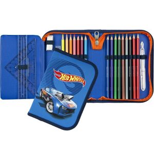 Otvorený peračník Hot Wheels s 22 dielmi: farebné ceruzky, písacie potreby, pravítko a trojuholník - Peračníky