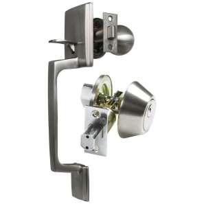 AMIG szálcsiszolt króm ajtógomb zár szett szögletes pajzzsal bejárati ajtókhoz - Perfekto Ajtógomb & Kilincs