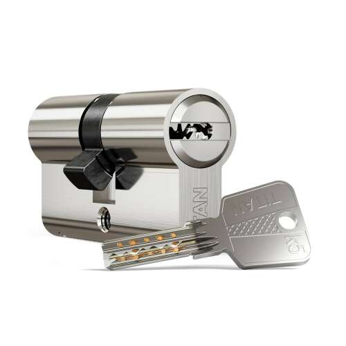Titán K5 cylinder lock, 30/40 satin chrome finish, with 5 keys and a card