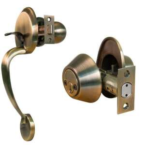 AMIG Amerikai stílusú bejárati ajtókra való kilincs-zár szett .SÚROLT ANIKOLT. kerek pajzzsal 104821330 - Perfekto Ajtógomb & Kilincs