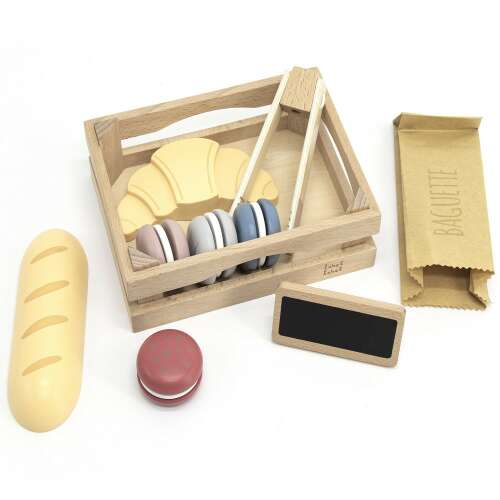Label-label fa pékség játékkészlet baguette-el, croissant-al, makaronokkal, ládával, csipeszekkel és táblával