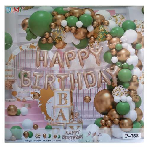 KidMania® 70 piece green and gold balloon arch kit with Happy Birthday banner, perfect for birthday parties