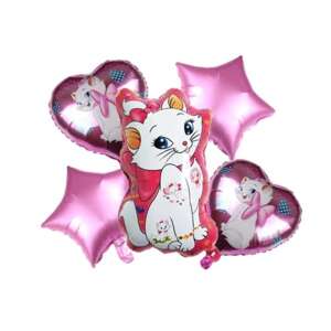 Buchet de baloane cu pisică Marie KidMania®, 5 bucăți, include 1 balon mare cu pisică, 2 baloane mai mici cu pisică, 2 baloane în formă de stea - Baloane