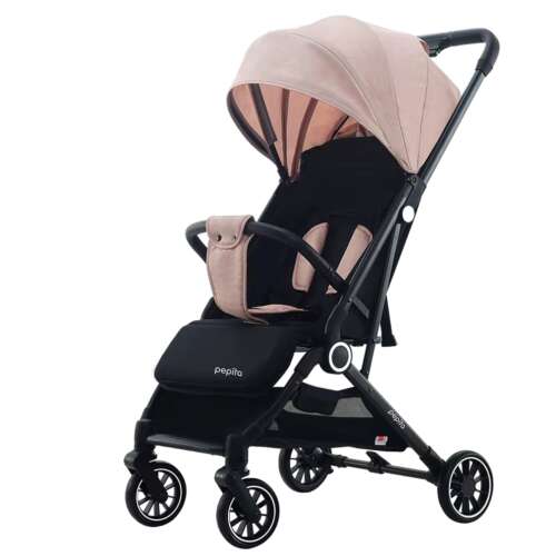 Pepita Molly compact stroller with adjustable footrest and backrest, pink, angled view