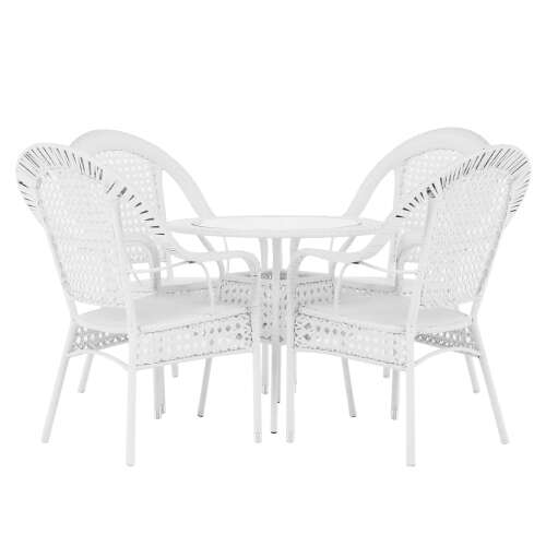 KOVEN 5 részes fehér műrattan kerti étkező szett kerek üveg asztallal és négy székkel