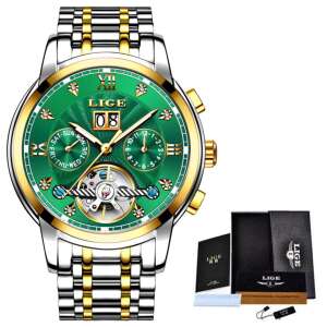 LIGE Tourbillon Automatic Mechanical Watch with Green Dial and Gold Accents - Men's Watch