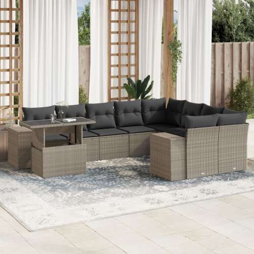 vidaXL 10 részes világosszürke polyrattan kerti ülőgarnitúra párnákkal, kültéri bútor szett teraszra, kertbe, udvarra, kényelmes ülés, moduláris kialakítás, állítható asztal - Kerti ülőgarnitúra