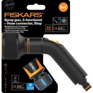 Fiskars Пистолет за пръскане, 3 функции, с конектор за маркуч, стоп, черен, оранжев, комплект - Fiskars