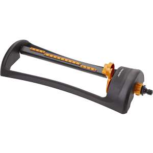 Fiskars water saving sprinkler, black and orange, angled view - Sprinkler and Irrigator