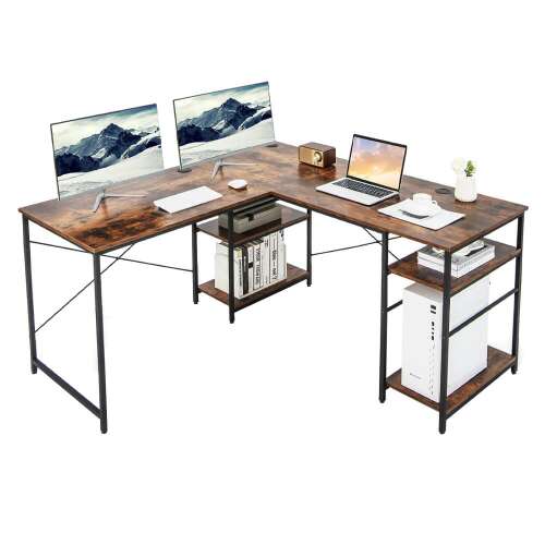 Birou în formă de L Timeless Tools cu rafturi, maro, birou pentru calculator, birou pentru birou acasă, birou de studiu, stație de lucru, birou modern, birou industrial, birou rustic, două monitoare, laptop, tastatură, mouse, articole de birou