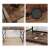Timeless Tools L-shaped desk with shelves, brown, close-up of desk surface, cable management, wood grain, metal legs, desk details