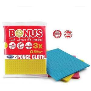 BONUS Sponge Cloth, 3 pack, yellow, blue and pink sponge cloths in packaging - Bonus