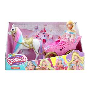 Dreameez Hercegnő és Hintó Játék, egy fehér ló húz egy rózsaszín hintót, amelyben egy hercegnő baba ül, tökéletes a képzeletbeli játékhoz - Dreameez