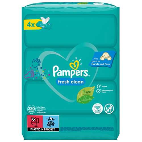 Pampers Fresh Clean baby wipes, 320 count, 4 packs, gentle on baby's skin, alcohol-free, dermatologically tested