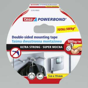 Tesa Powerbond Super Strong taśma montażowa dwustronna, 5m x 19mm, ultra mocna, udźwig do 100kg na metr, całkowita nośność 500kg - Klej