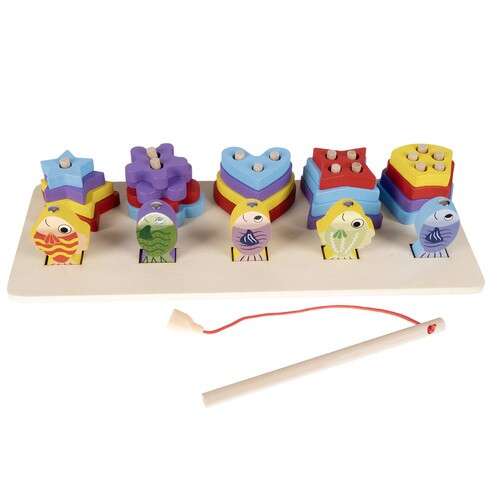 Fa mágneses horgász játék kisgyermekeknek, színes hal alakokkal és mágneses horgászbottal