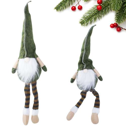 Zöld karácsonyi gnóm csíkos lábakkal, ülő, két gnóm a képen