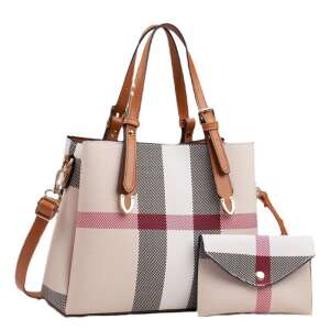 Dollcini plaid canvas and faux leather handbag and wallet set, khaki - Handbag