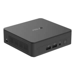 ASUS NUC 13 RNUC13ANKI500002I UCFF Mini PC, negru, vedere din unghi, afișând porturile și butonul de alimentare - ASUS