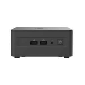 ASUS NUC 13 Pro, mini PC negru, vedere din față, cu buton de alimentare și porturi USB - ASUS