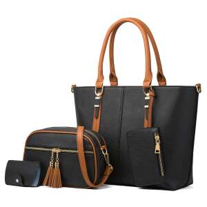 Dollcini 4-teiliges Damen-Handtaschen-Set, schwarze Tragetasche, Umhängetasche, Brieftasche und Kartenhalter - Handtaschen