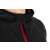 A Fox Rage Pro Series Technical Hoody cipzárjának közeli képe, a piros cipzár és a fekete anyag látható