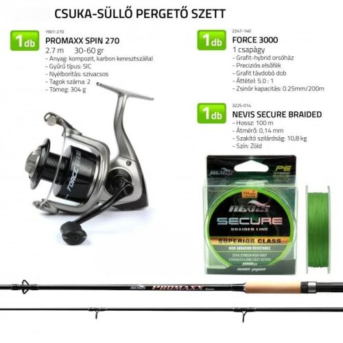 Tobi csuka-süllő pergető szett Promaxx Spin 270 bottal, Force 3000 orsóval és Nevis Secure Braided zsinórral