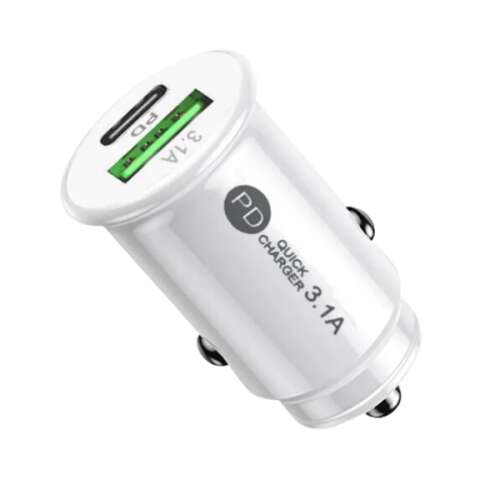 Autós töltő, SuperFastCharge, USB-A + USB Type C PD, gyorstöltés, kompatibilis Apple, Samsung, Huawei, tablet, 12-24V, Fehér