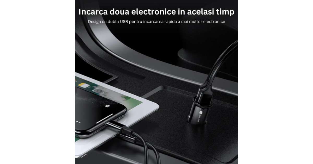 Autós töltő, SuperFastCharge, USB-A + USB Type C PD, gyorstöltés, kompatibilis Apple, Samsung, Huawei, tablet, 12-24V, Fekete 104922185