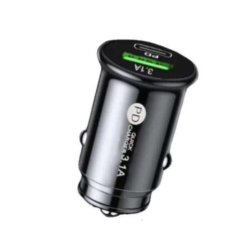 Autós töltő, SuperFastCharge, USB-A + USB Type C PD, gyorstöltés, kompatibilis Apple, Samsung, Huawei, tablet, 12-24V, Fekete