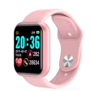 D&K Smartwatch in pink color, with a square display showing the time, date, heart rate, and steps - D&K WONDER