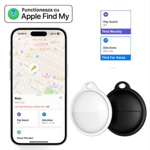 Apple Find My app screenshot showing location of keys, with a white and black D&K anti-loss tracker