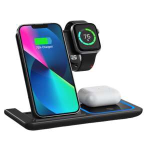 D&K® vezeték nélküli töltő 3 az 1-ben 15 W-os gyorstöltő Kompatibilis az Apple Watch összes sorozatú Airpodjával Minden modell és iPhone Android Samsung Huawei Xiaomi, fekete