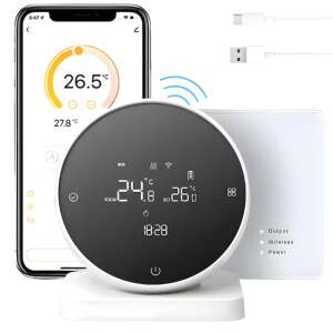 Intelligens szobatermosztát, WiFi, RF vezeték nélküli, interneten/telefonon keresztül vezérelhető, bármely központi fűtőegységgel kompatibilis, programozható, vevőegység mellékelve, Tuya / Go
