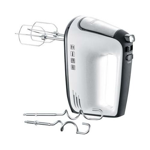 Severin HM3830 hand mixer with beaters and dough hooks, angled view