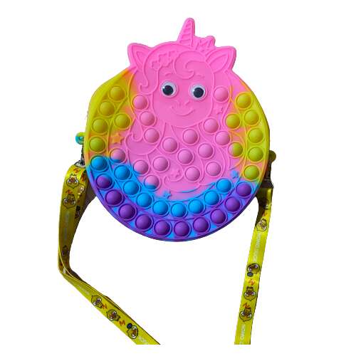 Pop It táska unikornis mintával, szivárvány színek, szilikon, gyerek válltáska, érzékszervi játék