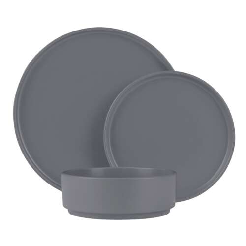 Berlinger Haus Aspen Collection 18-piece dinnerware set in grey, featuring a flat plate, dessert plate, and deep plate