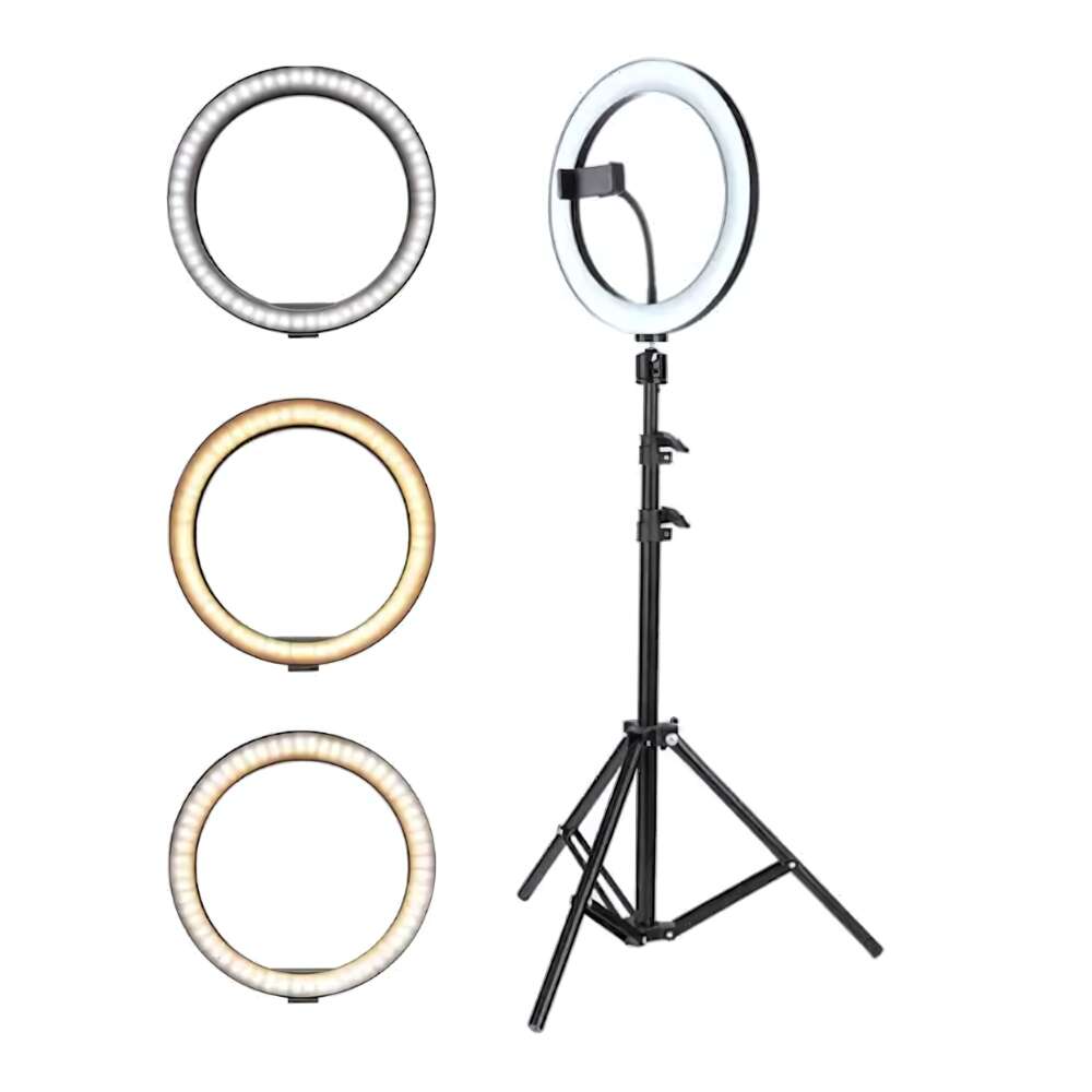 Körkörös lámpa meleg, hideg és semleges fénnyel JOZY®, 120 LED, nélkülözhetetlen a szelfi szerelmeseinek, fekete/fehér, 210 cm-es állvány tartozék