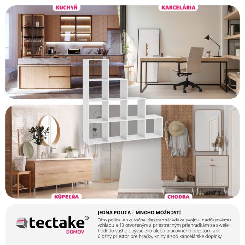 TecTake Talisa bookshelf in various room settings: kitchen, office, bathroom, hallway. Modern cube design with 10 compartments.