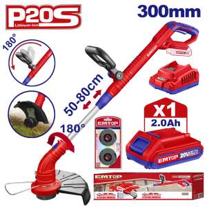 EMTOP безжичен тример за трева, 20V, батерия 2,0Ah, диаметър на рязане 300mm, регулируема дръжка, с глава за линия, шпула за линия и батерия - Трион за рязане на мигли и кантираща машина