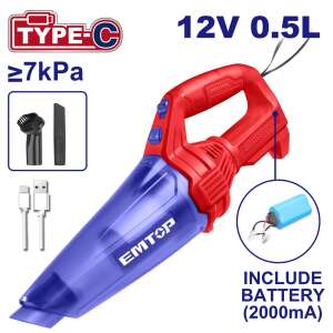 Bezprzewodowy odkurzacz ręczny EMTOP z baterią 2000mAh, ładowanie typu C, 12V, pojemność zbiornika na kurz 0,5L, siła ssania 7kPa, w zestawie bateria, 2 akcesoria - Odkurzacz ręczny