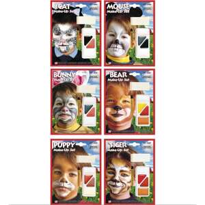 Állat arcfesték készlet gyerekeknek, 6 különböző állatmintával: macska, egér, nyúl, medve, kölyök, tigris - Arcfesték