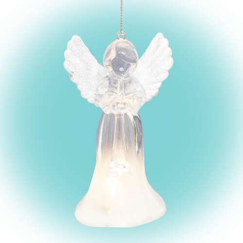 LED angel Christmas ornament, white, clear, with wings, holding a musical instrument
