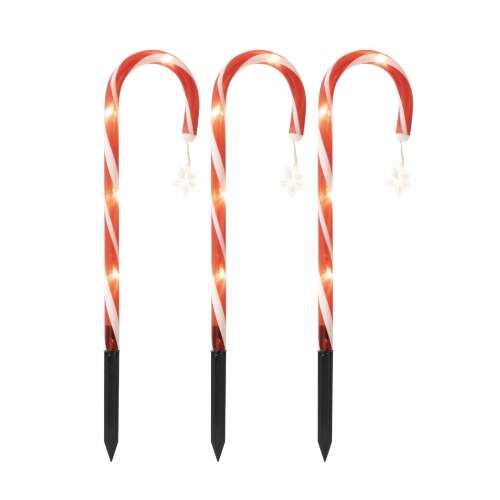 Set mit 3 LED-beleuchteten Zuckerstangen-Weihnachtsdekorationen, rot-weißes Zuckerstangen-Design mit warmweißen LED-Lichtern, jede mit einem Schneeflocken-Anhänger