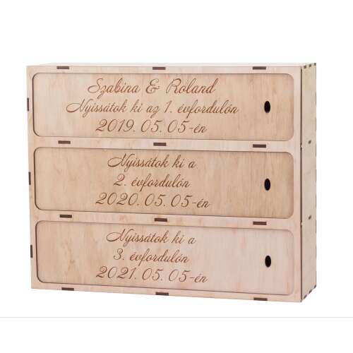 Személyre szabott fa boros doboz 3 palackhoz, gravírozva nevekkel és esküvői dátummal, tökéletes esküvői ajándék